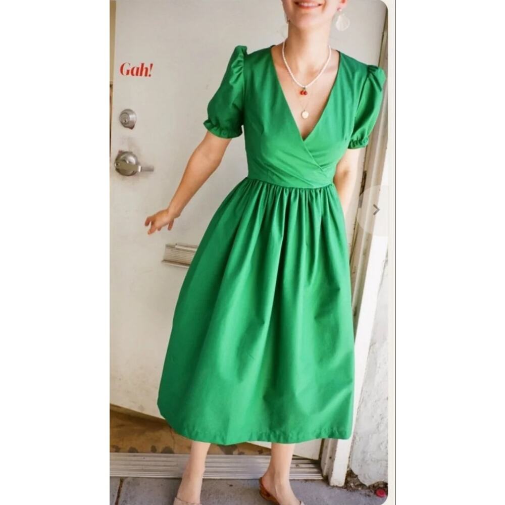 Lisa Says Gah Topanga Green Cotton Puff Sleeve Midi Dress Size Small